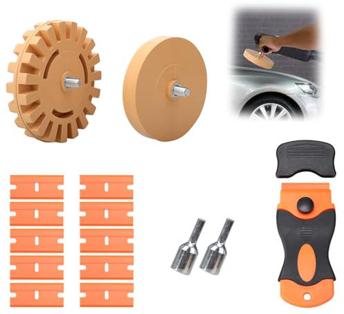 2 Stück Folienradierer Aufkleber Entferner Auto Gummi Radierscheibe mit Adapter,Klebstoffentfernungsklinge und 10 Kunststoffklinge,zum Professionellen Entfernen ​von Folien und Kleberesten am Fahrzeug