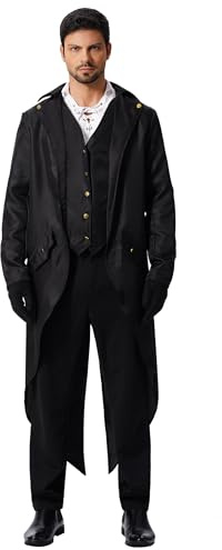 EFOGEP Steampunk Vintage Frack pour homme : Prince Manches Longues Boutonnées Veste Gothique, Victorien, Uniforme Médiéval, Gothique, Smoking Renaissance, Pirate, Halloween, Nuit, M, Noir M