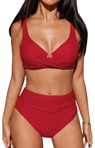 CUPSHE Bikini da donna, effetto avvolgente, con ferretto push up, mutande a vita alta, costume da bagno a 2 pezzi, moda mare, XL