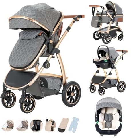 KakbgeePasseggino Combinato 3 in 1, Cittadini Con Seggiolino Auto ECE R129, Maniglia Regolabile in Altezza, Navicella Morbida Convertibile, Telaio in Alluminio Per Neonato 0-4