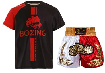 Jowowha Kinder Jungen Boxing Kleidung Trainingsanzug Muay Thai Boxing Shorts + T-Shirt Sportanzug MMA Kampfsport Kickboxing Boxing Set A Gelb&Weiß&Rot 122-128