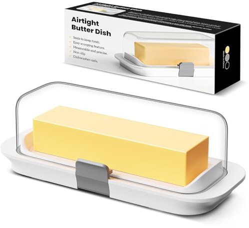 Pisol Butter Dish with Lid for Countertop and Refrigerator Door Shelf, Airtight Butter Keeper Container, Butter Holder for East/West Coast Butter, BPA-free, Microwave/Dishwasher Safe