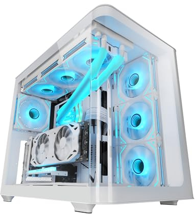 Mars Gaming MC-Fusion, Gaming ATX-Gehäuse, Seitliches Fenster und Gebogenes Frontglas aus Gehärtetem Glas, PC Midi-Tower Doppelkammer, Flüssigkeitskühlung Unterstützung, Optimierter Innenraum, Weiß