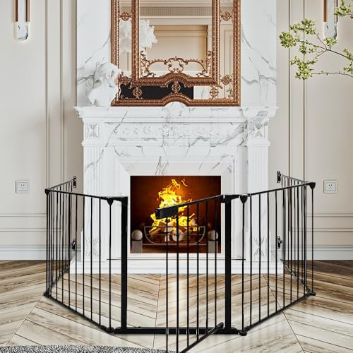 Barrera de Seguridad para Chimenea con Puerta de Metal, Barrera de Seguridad para Niños y Mascotas-Vallas Infantiles, Proteccion Escaleras Niños, Rejilla plegable-310 * 2,5 * 75cm (5 pz)