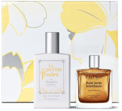 T. LeClerc – Coffret Poudré Frangipanier + Huile Scintillante – Fleur de Frangipanier, Néroli et Vanille – Eau de Parfum Femme – Longue Tenue – Fabriqué en France