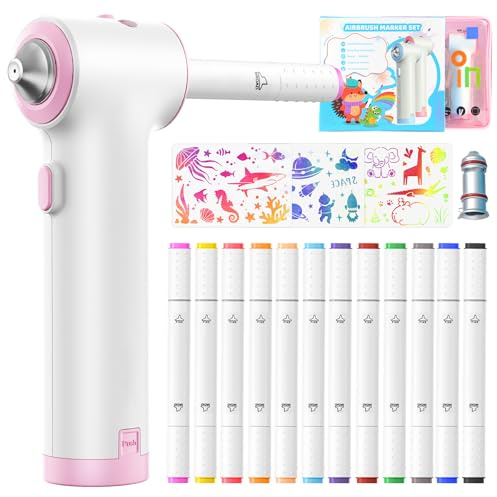 Forever Speed Aerografo, set di 12 pennarelli per tessuti con doppia punta, 3 stencil e 2 testine di spruzzo, colori brillanti e ricchi, colore tessile da spruzzare, rosa