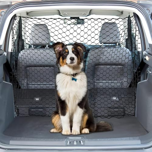 SHYSBV Net Dog Guard for Car Boot, 120cmx70cm Dog Car Barrier Net Pet, Car Divider for Dogs with 4 Hooks and Adjustable Straps, Universal Back Seat Barrier Mesh for Trucks, SUV, Full Sized Sedans