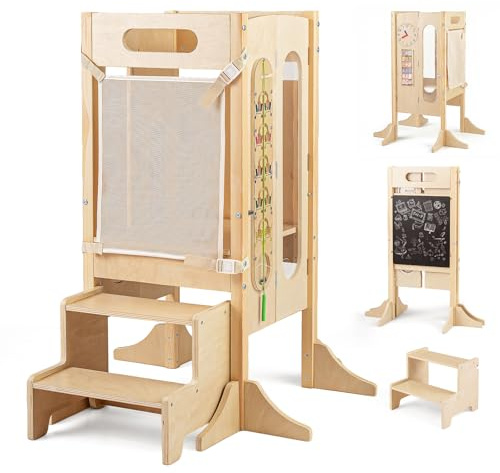 COSTWAY 4 en 1 Tour d'apprentissage Enfant, Tour d'Observation Montessori en Bois, 3 Hauteurs Réglables, Tableau Noir Amovible, Rail de Sécurité, Poignées, Charge 50 kg, pour Enfant 3+ Ans (Style 2)
