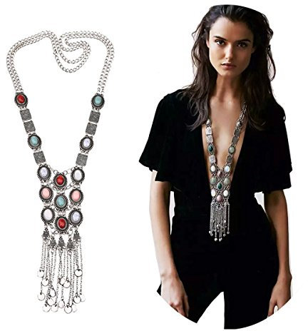 Elegant Rose, Bohemian Retro Halskette mit türkisfarbenen Strasssteinen und Langer Kette aus vergoldetem Silber, Strass, Kein Edelstein