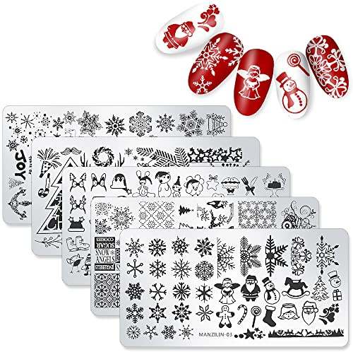 WOKOTO 5Pcs Christmas Nail Stamping Plates For Acrylic Nails Set - Santa, Reindeer, Snow Winter Nail Art Image Plate Manicure Template Nail Art Tools For Nail Polish Stamp Stencils