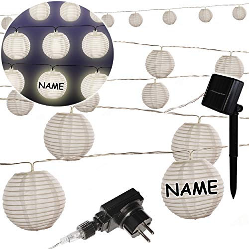 alles-meine.de GmbH 2 TLG. Set: SOLAR Licht + Stecker - LED - Lichterkette/Lampionkette - inkl. Name - 4,70 + 10,50 Meter - wetterfest - AUßEN & INNEN - 30 weiße Stoff - Kugeln..