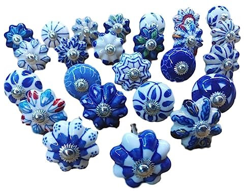 Ajuny Lot de 25 boutons en céramique peints à la main, bleu et blanc, divers motifs indiens, pour porte, tiroir, placard, armoire