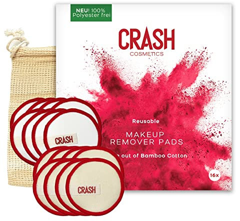 CRASH Cosmetics Reusable Makeup Remover Pads 2. Gen (16x) 100% Polyesterfrei für Gesichtsreinigung Waschbar, Superweiche Abschminkpads aus Bio Bambus