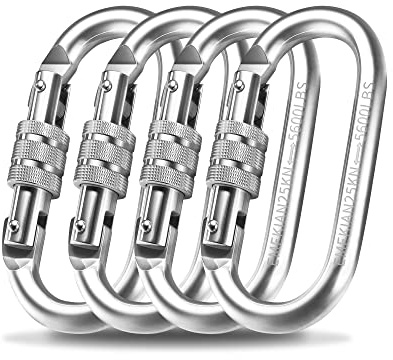EMEKIAN 4 Pack Oval Indoor Outdoor Climbing Carabiner, Screw Locking Heavy Duty Safety Caribeener Clips, 25 KN (5600 LBS) for Hammock, Rope, Hiking, Camping