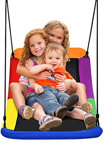 GYMAX Nest Swing, Square Kids Swings with Adjustable Hanging Ropes, Outdoor Tree Swing Seat for Garden Backyard, Holds Up to 300kg (Colorful)