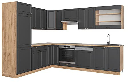 Vicco Hörnkök Fame-Line, Herrgård i antracitguld/Goldkraft ek, 287 x 227 cm utan bänkskiva, för individuell expansion med kompatibla moduler