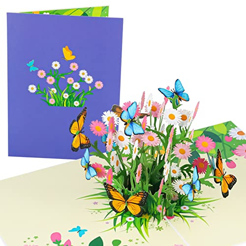 Fuyamp Daisy Flowers Card, Flower Pop Up Card Pop-Up Greeting Card Mother’s Day Card Pop Up with Basket and Butterflies 3D Birthday Card for Women Valentines Birthday Anniversary