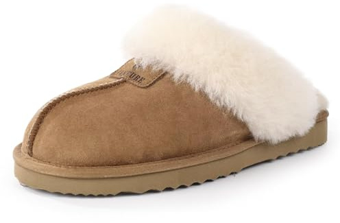 FANTURE Genuine Australian Sheepskin Women Slippers, Memory Foam Fluffy Shearling Slippers Indoor Outdoor House Shoes with Warm Lining (U423YMBT901.MG-Chestnut-39)