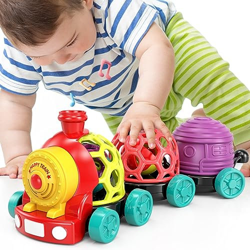 MOONTOY Baby Spielzeugauto für 6 9 Monat, KinderSpielzeug Baby Spielzeugrassel für 6-12 Monat Jungen, Spielzeug Zug mit Rassel und Musik, Interaktives Geschenk für 1 2 Jahre Mädchern