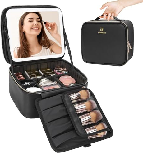 Travel Makeup Bag with LED Mirror-3 Colors Modes, Portable Makeup Organiser with Adjustable Dividers Compartment, Light Up Vanity Case, Makeup Storage for Women with Makeup Accessories