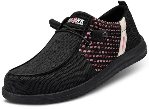 LARNMERN Steel Toe Loafers Women Slip On Work Safety Shoes Lightweight Comfortable Walking Sneakers Casual(8.5 Women, Black Pink)