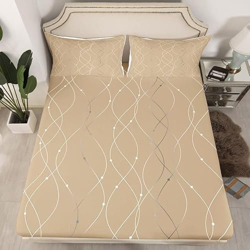 3D Geometrie Spannbettlaken 70x140cm, Beige Weiches Mikrofaser Bettlaken für Kinder, Bettlaken Spannbetttuch 70x140 bis 30 cm Matratzenhöhe mit 2 kissenbezüge a407