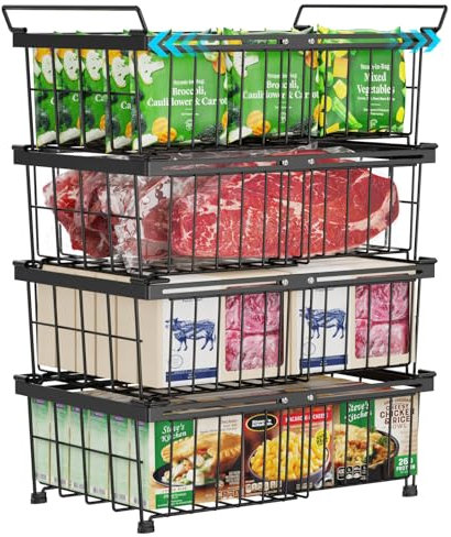 iSPECLE Chest Freezer Baskets - Expandable Fit 283 to 566L Deep Freezer, 4 Pack Large Stackable Wire Basket Add Space Easily Get Frozen Foods with Handles, Allow Air Circulation, Black