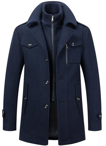 pdodo Abrigo de hombre corto de lana para invierno, corte regular, estilo casual o de negocios, abrigo largo, cálida chaqueta de lana con solapas, abrigo de cachemira de un solo color