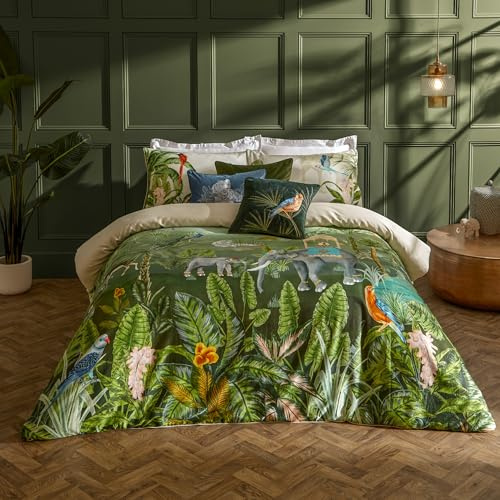 Paoletti Odisha Duvet Cover Set – Reversible Botanical Exotic Elephant Piped Edge Luxury Bedding (Jungle – Double)