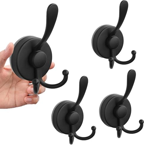 KLYKLL Lot de 4 crochets à ventouse en acier inoxydable - Sans perçage - 3 crochets - Design sous vide - Noir mat - Pour salle de bain, cuisine, fenêtre lisse