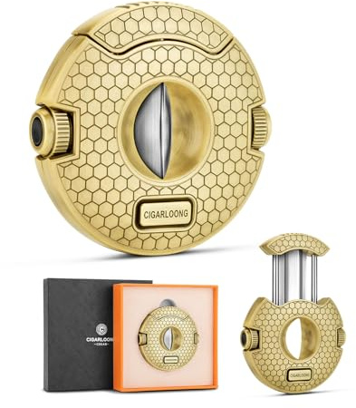 CIGARLOONG Cortador de puros 2 en 1, guillotina de corte en V, hoja afilada de acero inoxidable, 2 perforadores para cigarros integrados, viene en caja de regalo (dorado)