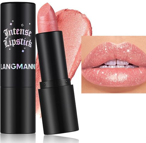 Glitter Lipstick Long Lasting, Nude Pink Lipstick, Shimmer Sparkly Lip Stain Lip Plumper, Velvety Smooth Highly Pigmented Waterproof Non-stick Lip-stick Makeup Gift for Women
