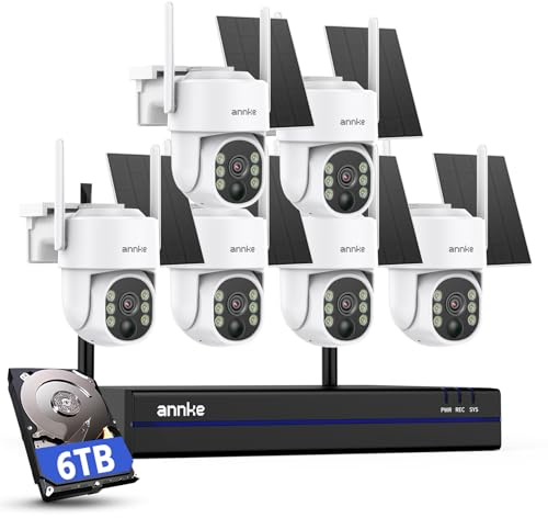 ANNKE - Kit de cámara de vigilancia de 4 MP - Batería exterior con panel solar - NVR 16CH 4K/8MP y disco duro de 6 TB - 6 cámaras Pan Tilt Dome - Visión nocturna - Audio bidireccional - Detección de