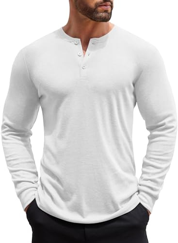 COOFANDY Camiseta Henley de Manga Larga para Hombre Casual básica de Color sólido con Tapeta de Botones Blanco L