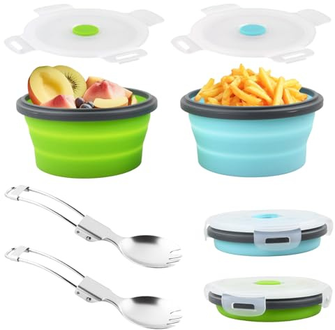 Bol Pliable de Camping, 2 Pièces Boîte à Lunch Pliante en Silicon avec 2 Pièces Cuillères-fourchettes Pliables 2 en 1, Bols Portables en Silicone, Ensemble de Bols Pliables avec Couvercle, 350 ml