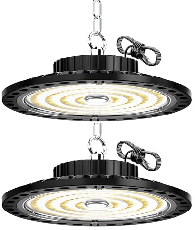 HAPYLUMI UFO LED Garage 100W 10000LM, 2 Pièces Projecteur Éclairage Atelier Industriel Puissant 6500K Blanc Froid, IP65 Étanche Plafonnier Lampe pour Entrepôt Hangar Chantier Depot Jardín