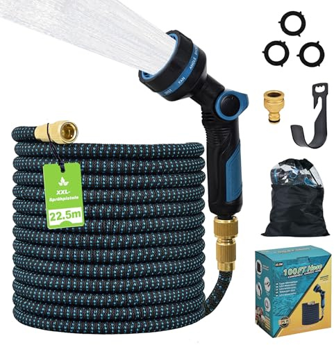 Tuyau d’Arrosage Extensible 22,5m, Tuyau d’Arrosage Flexible Rétractable Automatique avec Pistolet 10 Modes, Tuyau Arrosage Jardin, Raccords Métalliques 1/2 & 3/4