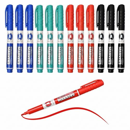 SUQJOY Whiteboard Pens 12 Pack, Medium Fine Bullet Tip Dry Wipe Pens, Low Odour Dry Erase White Board Markers with Clip, 4 Colours