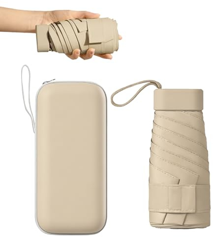 Mini Folding Travel Umbrella, Windproof Strong, UV Protection, 6 Ribs, Pocket Umbrella with Capsule Case for Women, Men, Girls-Beige