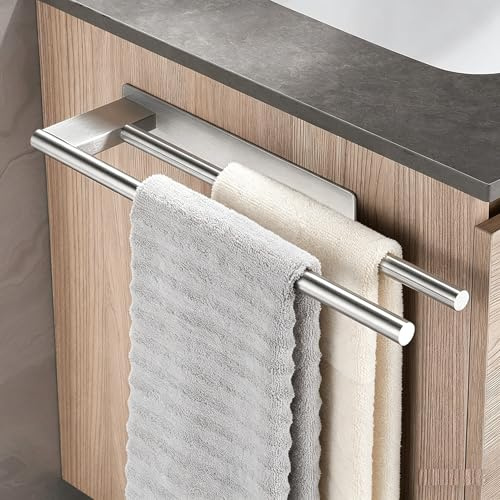 Porta Asciugamani bagno Adesivo Doppio senza Forare, Portasciugamani da Parete in Acciaio Inossidabile Accessori per Bagno e Cucina, Supporto Appendi Asciugamani 2 Bracci 39 cm (Argento)