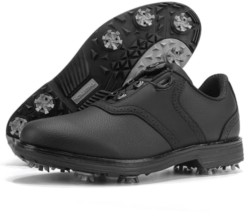 Dwihuize Scarpe da Golf da Uomo Scarpe da Golf Leggere Impermeabili Antiscivolo con Tacchetti E Tomaia in Pelle per Allenamento Casual,Nero,41 EU