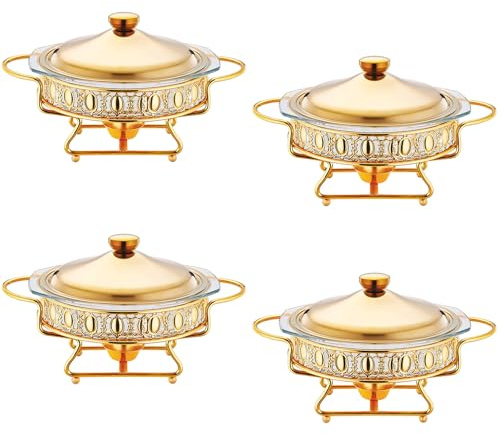 4Pack Chafing Disk Buffé Set Guld Runda Glasbrickor 2L Kapacitet Håll Mat Varmt Elegant Design Perfekt För Catering Hotel Party Bröllopsmiddag