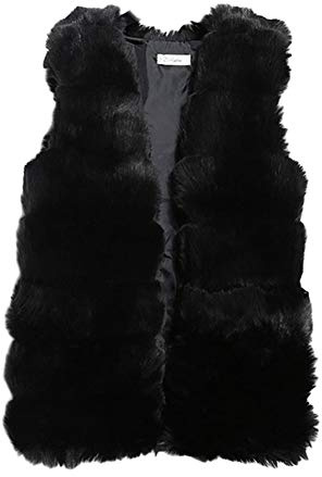 Femme Chaud Fourrure Artificielle Duveteux Veste Gilet sans Manches Court Manteau pour Automne Et Hiver,Taille Unique,Noir
