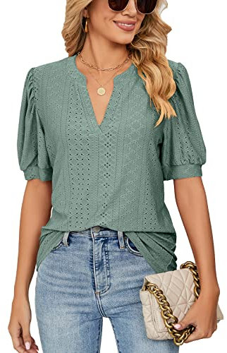 Bluse Damen Sommer Tshirt V Ausschnitt Kurzarm Damen Oberteile Elegant Damenblusen Casual Blusenshirt Tunika,B-Dunkelgrün,L