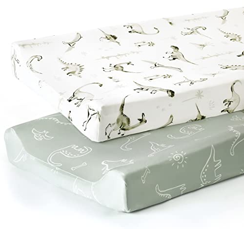 GRSSDER Stretch Ultra Soft Jersey Knit Changing Pad Cover Set 2 Pack, Change Table Pad Covers Fit 32/34 x 16 Pads Safe and Snug, Pretty Pattern for Baby, Dinosaur