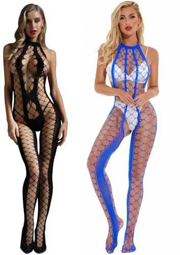 Aranmei Bodystocking a Rete da Donna Lingerie Mini Vestito Taglia Unica Babydoll Halter Cut-Out Traforato Hollow Bodysuit Biancheria da Notte Lingerie, nero e blu , Etichettalia unica