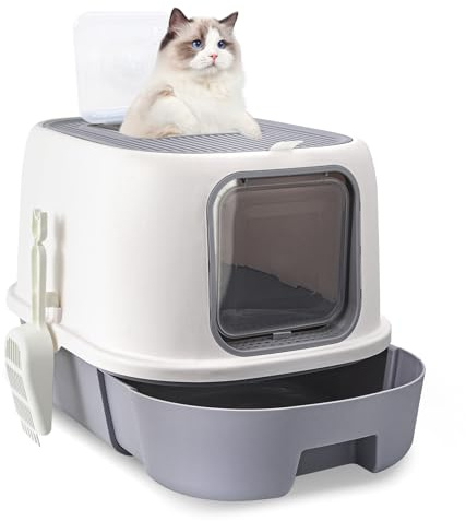 CALIYO Katzenklo mit Deckel – Anti-Geruch Katzentoilette Geschlossen hoher Rand, Katzenklo Groß XXL mit Schublade & Sieb für Große Katzen, Cat Litter Box (53×41×40 cm, Grau-Weiß)