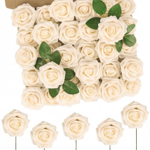 N&T NIETING Roses Artificial Flowers, 50pcs Fake Flowers Foam Roses for DIY Wedding Bridal Bouquet Baby Shower Party Cake Wall Decoration, Cream