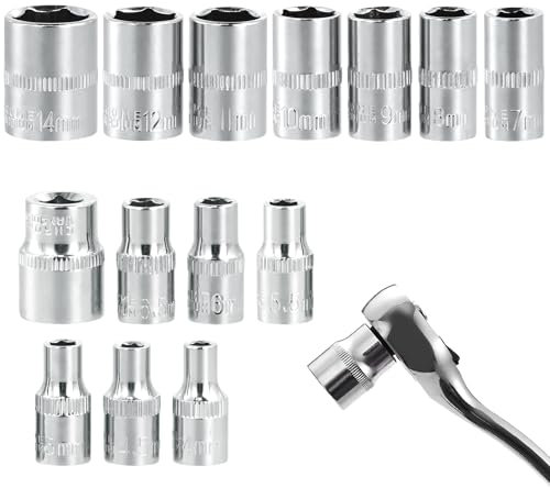 Gudalea 1/4 Inch Hexagonal Socket Spanner Insert, SW 4-14 mm Socket Spanner Insert Set Made of CR-V with Matt Chrome Finish, 14 Pieces