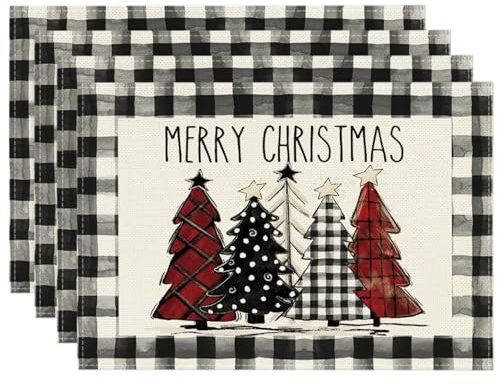 Decoración de la Mesa de Navidad, manteles viscosos de Navidad 12x18 Pulgadas a Cuadros Plaides navideños Pepland de 4, Alfombrillas de Mesa de Invierno Lavables para la Fiesta de Navidad Decoración